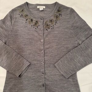 Garnet Hill 100% Merino Wool Embellished Cardigan Gray S